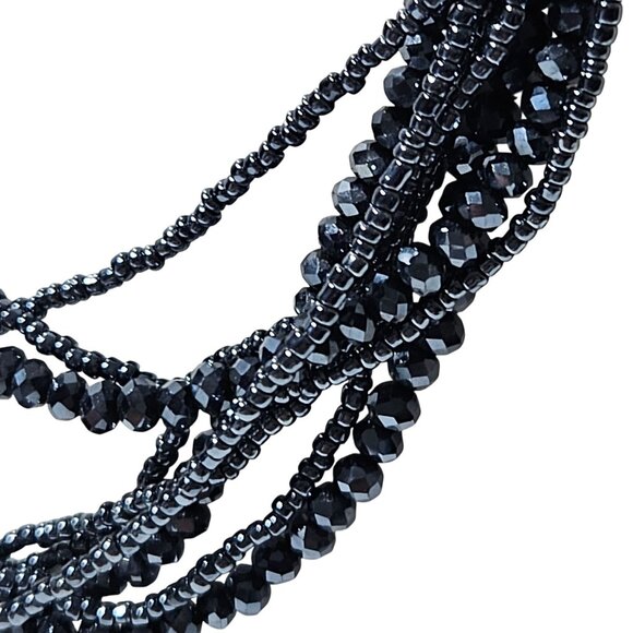 Elegant Multi Strand Black Beaded Necklace Rhinestone Magnetic Clasp Jewelry - Picture 2 of 8